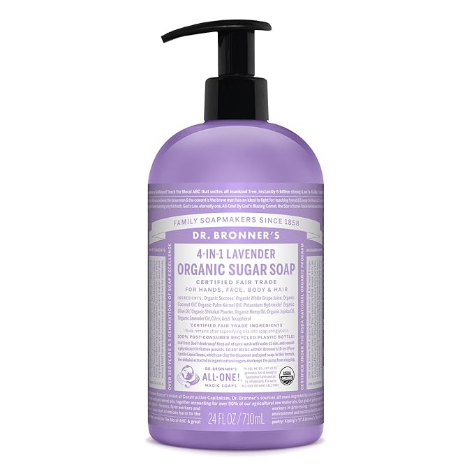 Dr. Bronner's - Organic Sugar Soap (Lavender, 24 Ounce) - Made with Organic Oils, Sugar and Shikakai Powder, 4-in-1 Uses: Hands, Body, Face and Hair, Cleanses, Moisturizes and Nourishes, Vegan