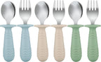 PandaEar 6 Pieces Baby Toddler Silicone Stainless Steel Utensils Silverware Spoon Fork for Baby Toddler BPA Free with Silicone Holding Anti-Choke Design (Blue Green Beige)