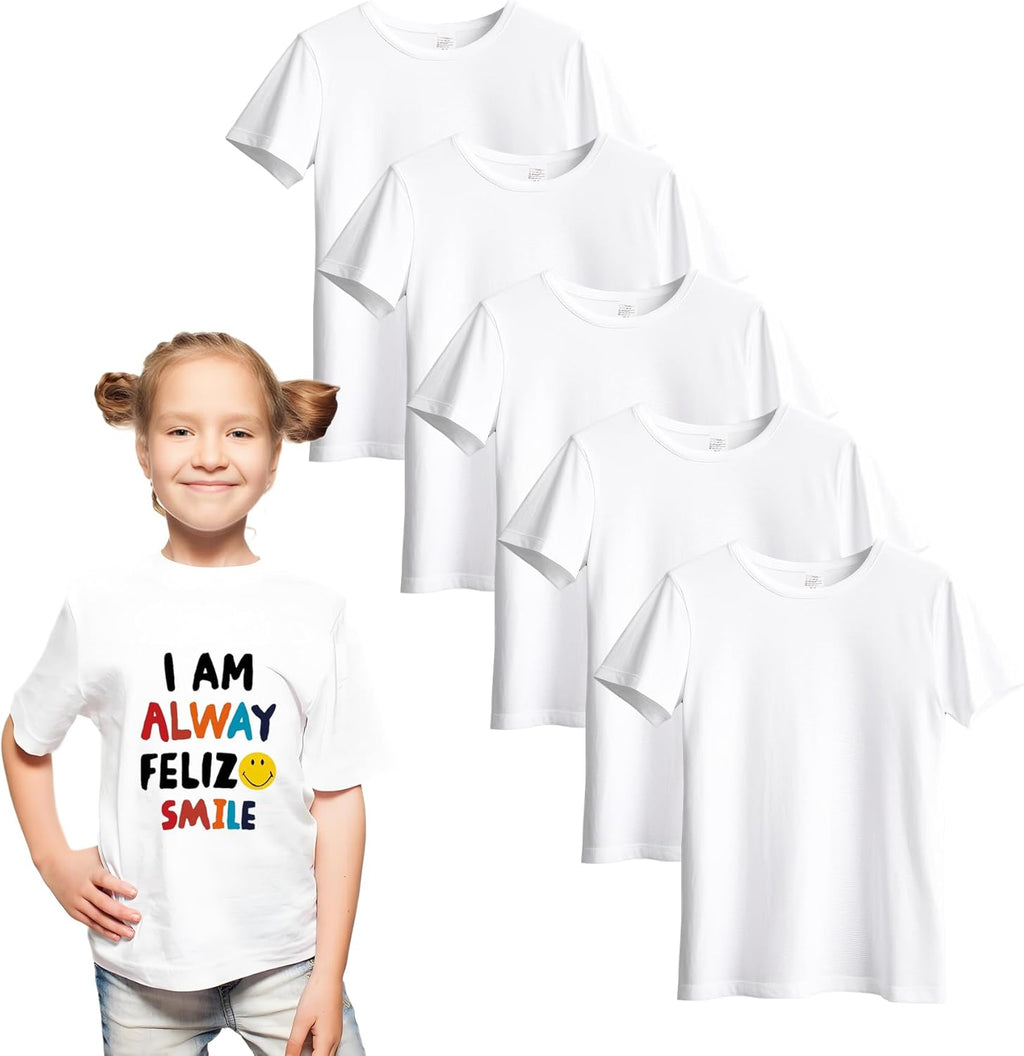 5 PCS Sublimation T-Shirt Blank for Toddler,White Polyester Crew Neck Short Sleeve T-Shirts for Kids