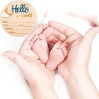 Baby Announcement Sign, 5.9 Inch Wooden Hello World Newborn Signs, Birth Announcement Sign and Pen, Moon and White Cloud Decoration, Welcome Newborn Arrival to World, Hospital Nursery for baby (Dark Blue)