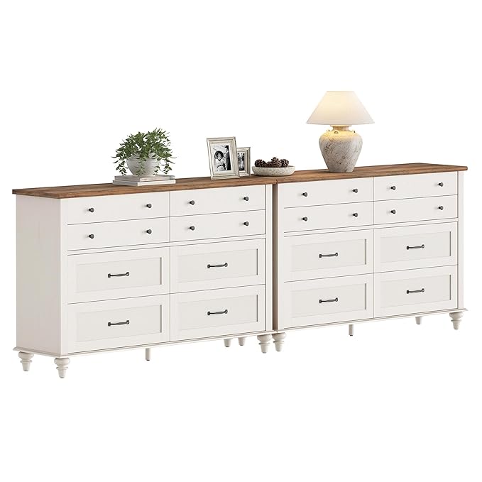 WAMPAT 2-in-1 Kids Dresser for Nursery with 16 Drawers, Off White Baby Dresser Set for Kids Room, Wide Wooden Chests & Dressers for Bedroom, Distressed Storage Organizer for Child’s Room, 54 Inch