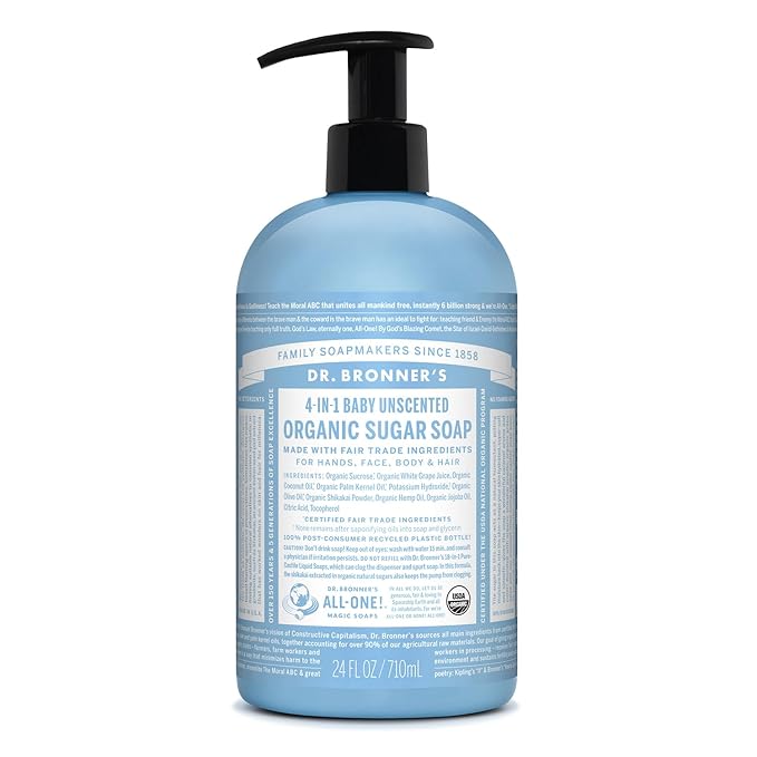 Dr. Bronner's Organic Sugar Soap (Baby Unscented, 24 Ounce) - Made with Regenerative Certified Organic Oils, Sugar & Shikakai Powder, 4-in-1 Use: Hands, Body, Face and Hair- Liquid Soap, Nourishes
