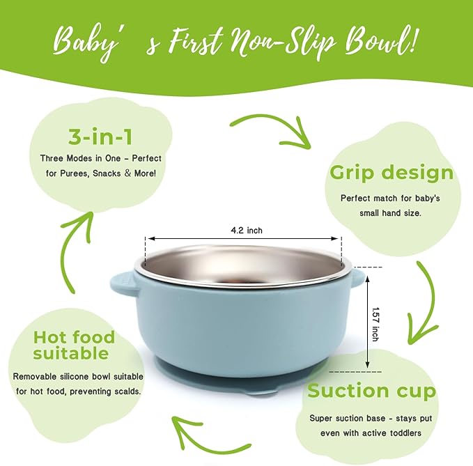 3 Pack Stainless Steel Toddler Suction Bowls for Baby Plates, 2-in-1 SUS304 Toddlers Bowl & Removable Silicone Suction Kids Bowl for Cereal | Snack | Anti-Scald Non-Toxic Suction Bowls