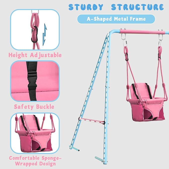 2-in-1 Toddler Swing Set with Metal Stand, Safety Belt & 4 Anchors - A-Frame Swing for Kids 6 Months+ (Pink, Indoor/Outdoor Backyard Playground)