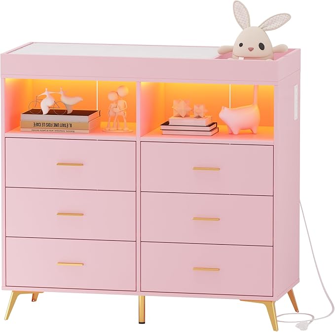 GarveeHome Dresser for Bedroom with 6 Drawers, Baby Changing Table Dresser with Changing Pad, LED Lights & Charging Station, Baby Changing Station with Changing Table Top (Pink)