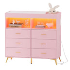Dresser for Bedroom with 6 Drawers, Multi-Functional Nursery Dresser with LED Lights & Charging Station,Baby Changing Table Table with Diaper Changing Station