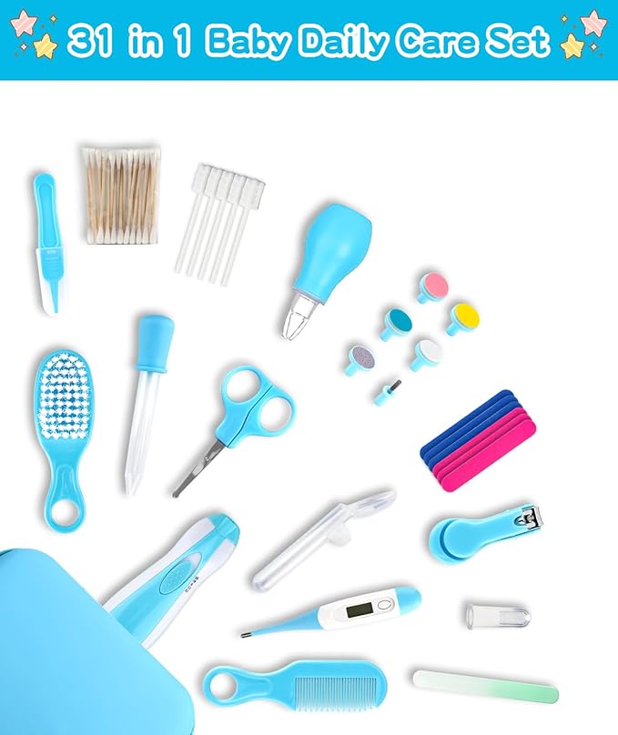 Baby Grooming and Healthcare Kit, Portable Baby Safety Care Set with Hair Brush Comb Nail Clipper Nasal Aspirator for Nursery Newborn Infant Girl Boy (31 in 1, Blue)