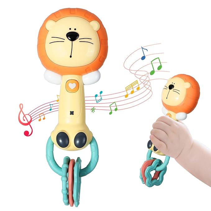 Orzbow Baby Musical Toy Light-Up, Lion Teether Toy Bpa-Free, Baby Teething Toys & Rattles 3-6-12-18 Months, Easy to Grip Sensory Toys for Toddler, Baby Boy Gir Birthdays Gift