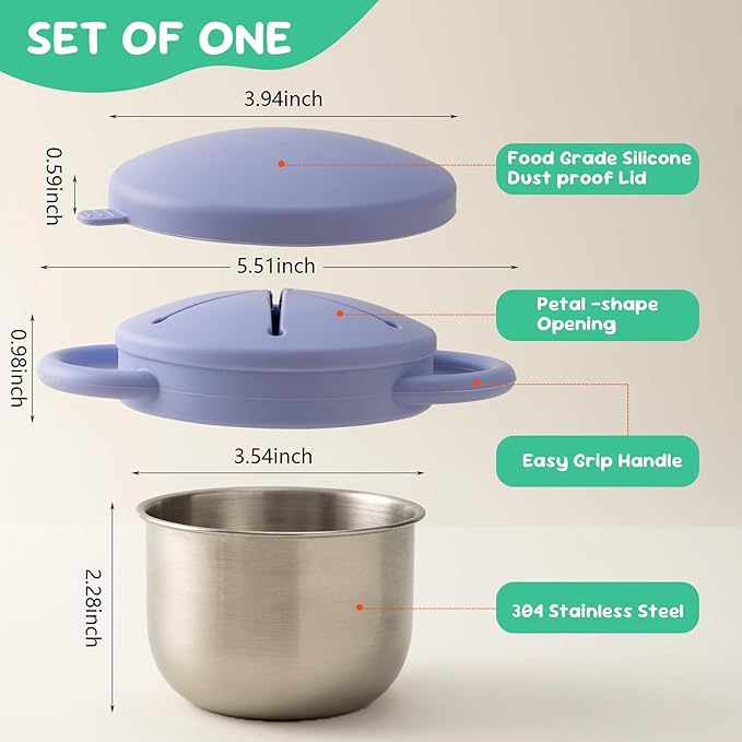 1 Pack Snack Containers for Toddlers, Stainless Steel Toddler Snack Cups with Silicone Food Catcher & Lids,Snack Cups for toddlers Spill Proof