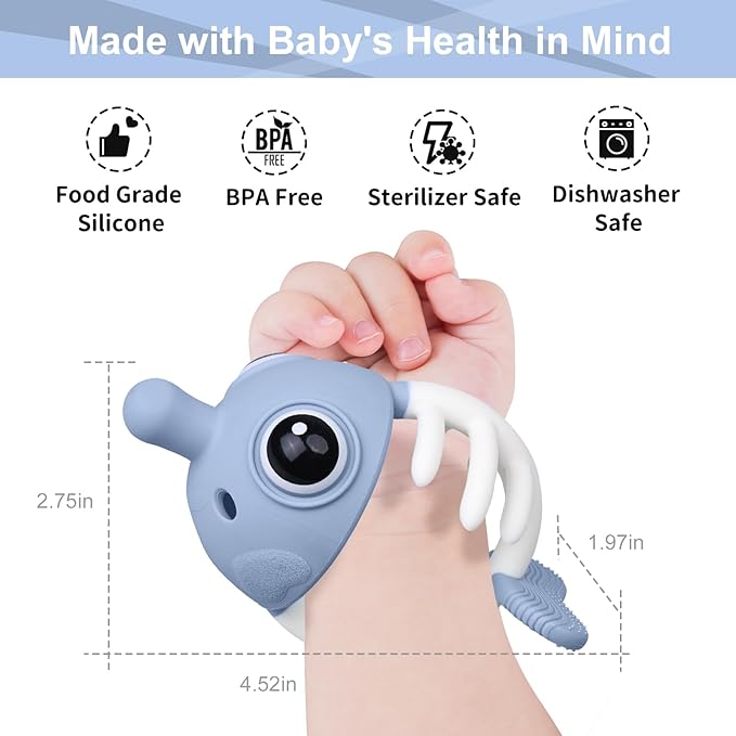 Baby Teething Toys 0-6 Months, Mombella Clownfish Teething Toys 6-12 Months, Baby Teether Toys with No Drop Strap, Silicone Baby Teething Relief Chew Toy, Easy to Hold for Infant, BPA Free, Blue