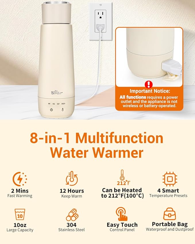 Bear Milk Warmer, Fast Water Warmer for Baby Formula with 10 Oz Large Capacity, Accurate 4 Temp Setting and Automaticlly Keep Warm, Compact Bottle Warmer(No Battery, 110V Only)