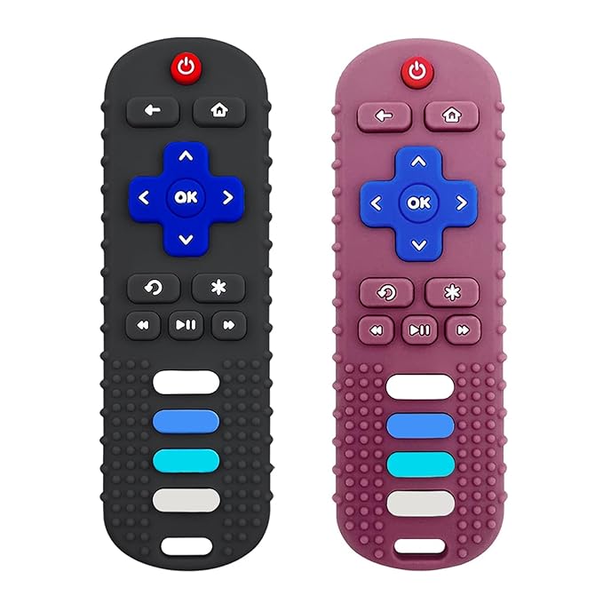 Baby Teething Toys, Food Grade Silicone Teether for Babies 3 6 12 18 Months, TV Remote Shape Toddlers Chew Toys, Freezer BPA Free (Black+Red)