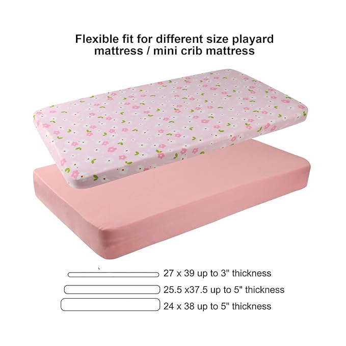 Onacosht Pack n Play Sheets 3 Pack Fitted for Baby Girl, Stretchy Jersey Knitted Portable Mini Crib Sheets Playard Mattress Cover, Pink Floral