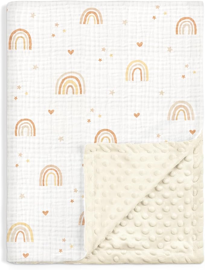 Rainbow Baby Blankets for Girls, Soft Nursery Minky Blankets with Muslin and Dotted Fleece Back 30x40 inches, Receiving Bed Quilt for Newborn, Infants, Toddlers