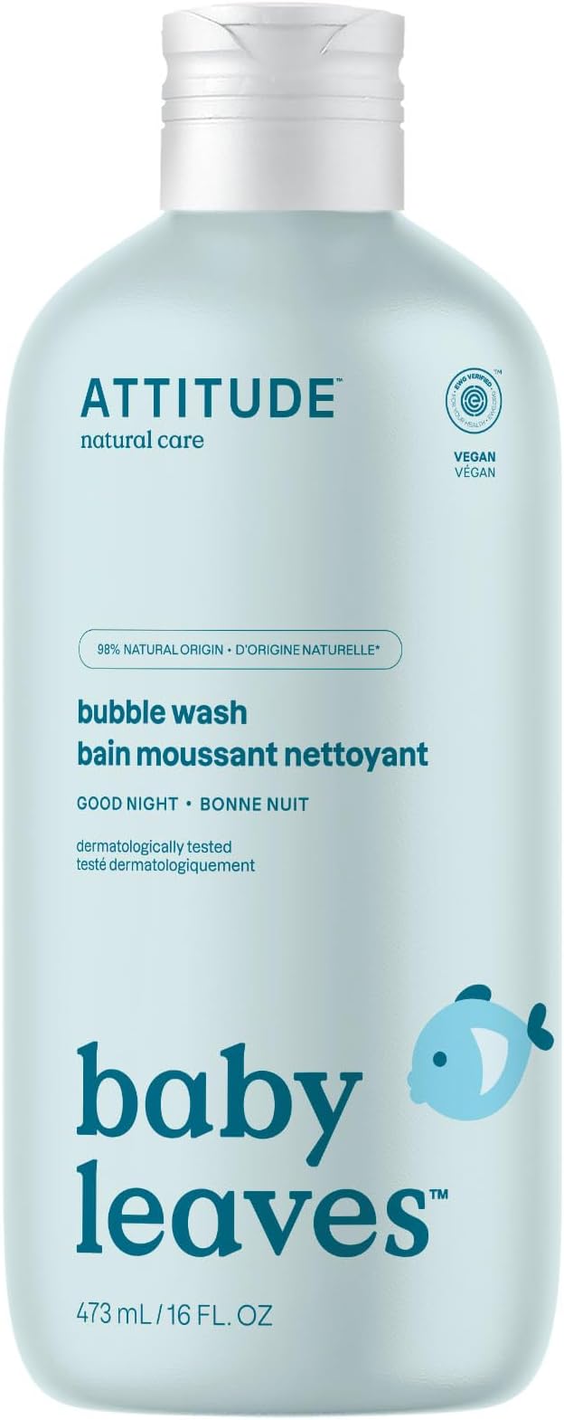 ATTITUDE Bubble Body Wash for Baby, EWG Verified, Dermatologically Tested, Plant and Mineral-Based, Vegan, Good Night, 16 Fl Oz