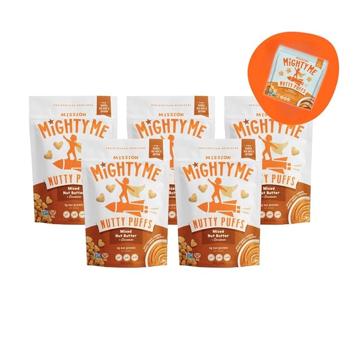 Mission Mighty Me Nutty Puffs Mixed Nut Butter Puffs for Babies + Kids - Pediatrician Developed, Plant-Based Gluten-Free Baby Snack - Peanut, Tree Nut, Cinnamon (6 Pack - 5 Pack Plus Peanut Sample)