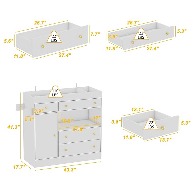 WOODTIME 43.3" W Nursery Dresser with Diaper Changing Tray, 2 Hidden Organizers & Towel Racks, Baby Kids Dresser Changing Table with 4 Drawers & 2 Shelves for Bedroom, White