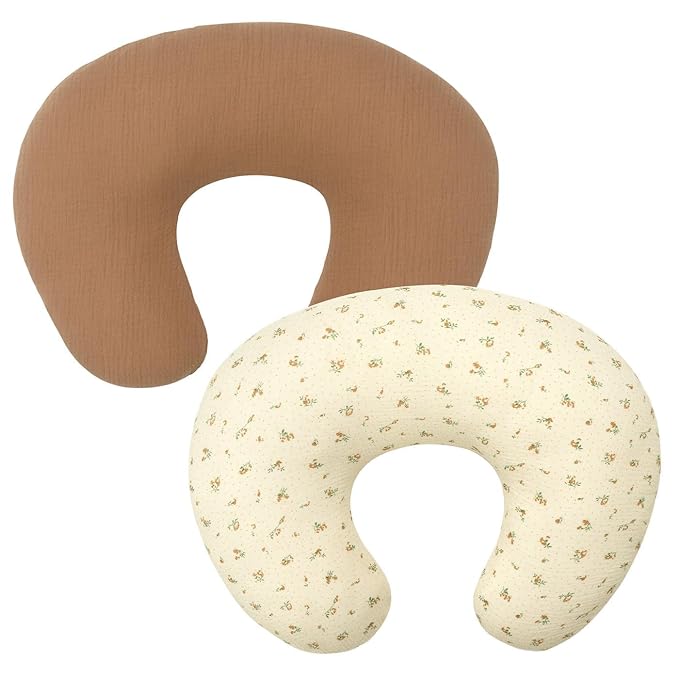 FUNUPUP 2 Pack Muslin Nursing Pillow Cover Compatible with Boppy Nursing Pillow, Soft Baby Nursing Covers for Breastfeeding Pillows for Boys Girls, Brown&Floral