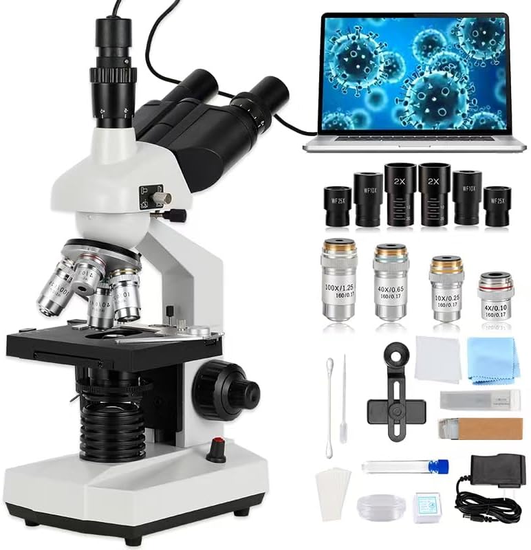 Compound trinocular Microscope, 40X-5000X Magnification, Digital Laboratory trinocular Compound LED Microscope with USB Camera and Mechanical Stage, WF10x and WF20x eyepieces, Abbe Condenser…