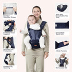 BabbleRoo Grow Carrier – Safety-Certified 6-in-1 Baby Carrier with Hip Seat, Ergonomic & Adjustable Toddler Carrier 7-50 lbs with Hip Support, Hood for Sun Protection, Newborn to Toddler, Navy Hearts