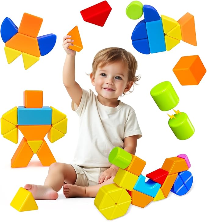 Magnetic Stacking Blocks for Kids, 1.65 Inch Large Magnetic Cubes & 8 Shapes, 20 PCS Magnet Toys, Montessori & Sensory Building Toys for Boys & Girls Ages 3+