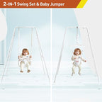 FUNLIO 2 in 1 Swing Set for Toddler & Baby Jumper, Heavy Duty Kids Swing & Bouncer with 4 Sandbags, Foldable Metal Stand for Indoor/Outdoor Play, Easy to Assemble and Store - White