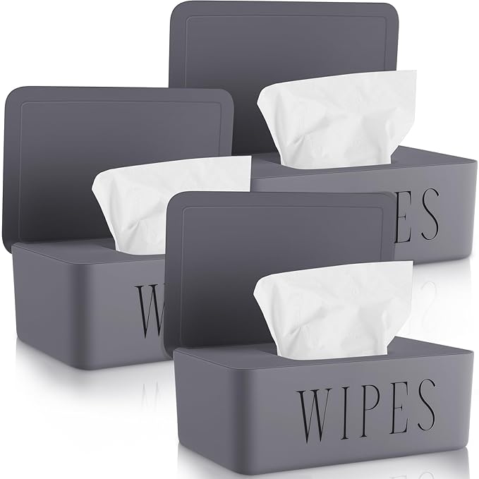 3 Pack Baby Wipes Dispenser Holder Wipe Container for Bathroom with Lid Toilet Tissue Paper Storage Refillable Box for Home Office Cars(Small,Gray)