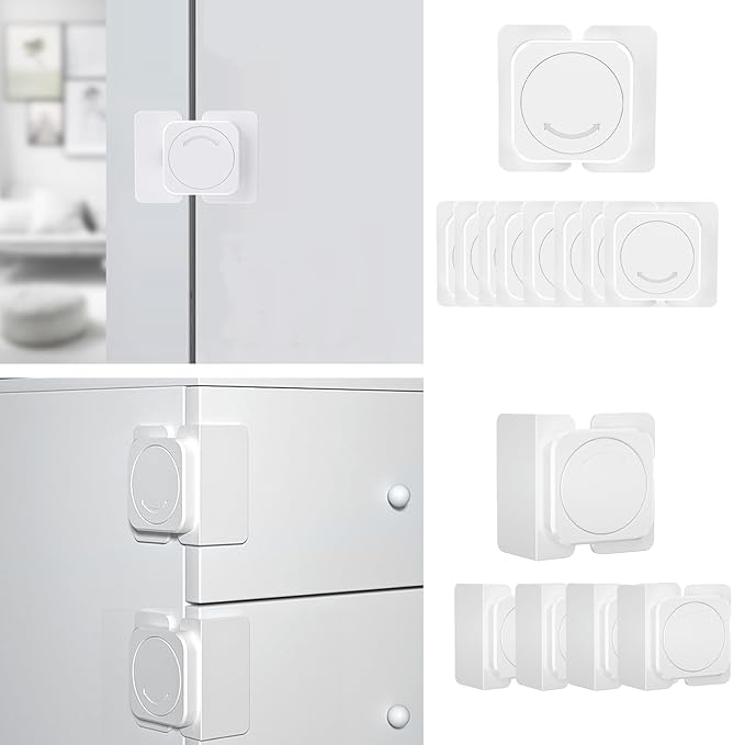 Cabinet Locks(12-Pack) for Babies, Kids and Toddlers Proofing Cabinet Child, safety Locks Suitable for Cabinets, Drawer and Refrigerator with Easy Installation (White) (8 Flat Lock+4 Right Angle Lock)