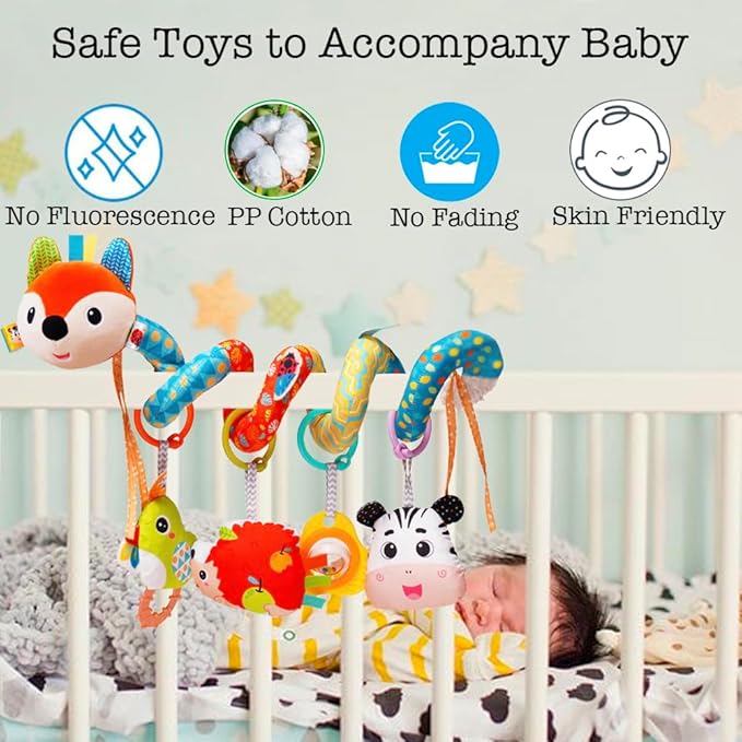 Baby Car Seat Toys, Infants Activity Spiral Plush Toys for Babies 0-6 Months Hanging Stroller Toy Gift for Infant Boys and Girls 0 3 6 12 Months Newborn Sensory Toy with Rattles Squeaker Music - Fox