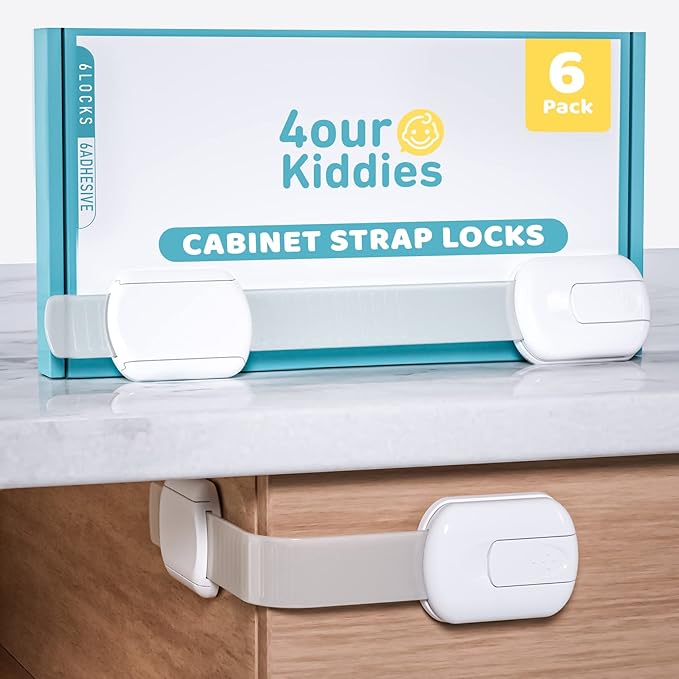 4our Kiddies Child Safety Cabinet Locks for Babies (6 Pack), Child Proof Latches for Cabinets and Drawers Doors, Baby Proofing Cabinet Strap Locks for Cupboard and Closet with 6 Pcs Extra 3M Adhesives