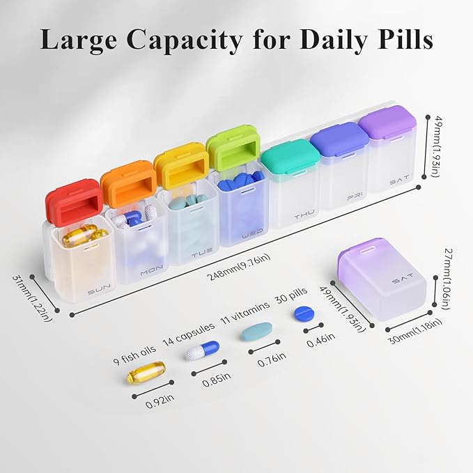 Weekly Pill Organizer Magnetic, Removable Pill Box 7 Day 1 Time a Day, Large Pill Case Travel, Week Once Daily Medication Dispenser, Medicine Container Holder for Supplement Vitamin, White