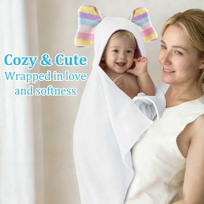VOOVA & MOVAS Thick Baby Hooded Bath Towel - 100% Cotton,500GSM, 33x31.5 Inches,0-2Years, Super Absorbent Large Towel with Cute Elephant Ears Hood for Newborn, Baby, Infant, White
