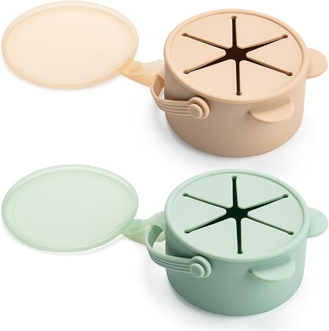 Silicone No Spill Snack Cups for Toddlers – Portable Baby Snack Cup Containers with Dustproof Lid – Dishwasher-Friendly Toddler Spill Proof Cups Without BPA, Lead, or Phthalates – Beige and Green