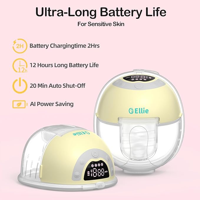 Ellie Wearable Hands Free Breast Pump, Portable Breastfeeding Pump w/Soft Double-Sealed Flange, Anti-Backflow & Leakproof Design, Ultra-Slim and Quiet, 4 Modes 9 Levels, Smart Nightlight, 2 Pack