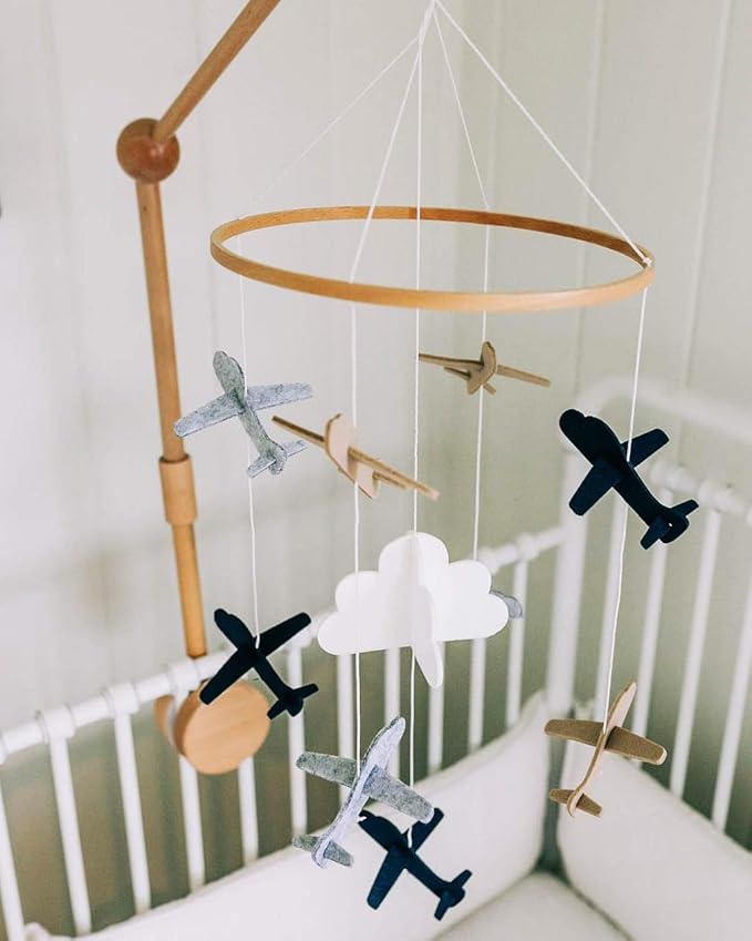 Baby Crib Mobile – Wooden Hanging Nursery Mobile for Bassinet, Baby Nursery Decor for Boys & Girls, Perfect for Shower Gift (Airplanes in The Clouds, Grey and White) Sorrel + Fern