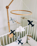 Baby Crib Mobile – Wooden Hanging Nursery Mobile for Bassinet, Baby Nursery Decor for Boys & Girls, Perfect for Shower Gift (Airplanes in The Clouds, Grey and White) Sorrel + Fern
