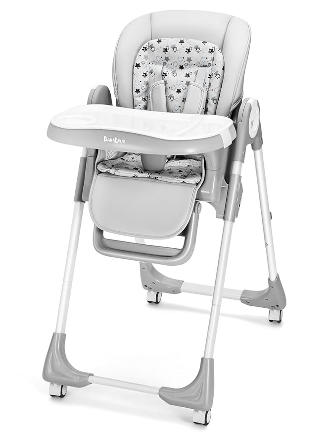 Foldable High Chair with Soft Cushion, High Chairs for Babies and Toddlers, Height Adjustable Feeding Chair, Adjustable Backrest and Footrest, Lockable Wheels, Star Gray