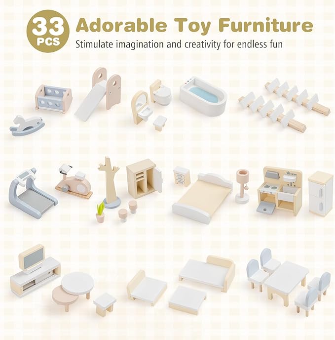 Costzon Wooden Dollhouse, Kids DIY Pretend Playhouse w/ 33 PCS Furniture Accessories, Modern Family Play House Toy w/Balcony, Pool for Girls & Boys Ages 3+ Years Old