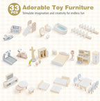 Costzon Wooden Dollhouse, Kids DIY Pretend Playhouse w/ 33 PCS Furniture Accessories, Modern Family Play House Toy w/Balcony, Pool for Girls & Boys Ages 3+ Years Old