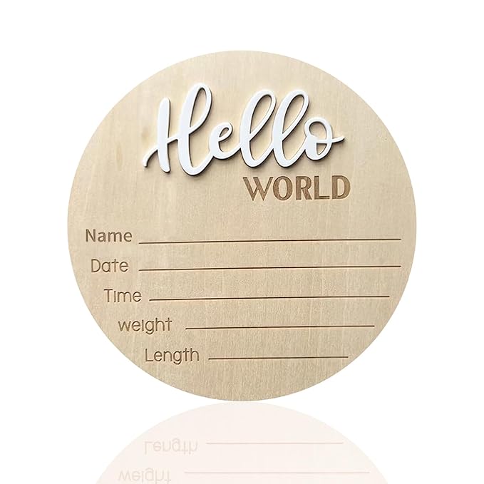 Baby Announcement Sign, 5.9 Inch Wooden Hello World Newborn Signs, Birth Announcement Sign, Baby Shower Hospital Nursery for Newborn Boys and Girls (White)
