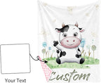 Personalized Baby Blanket for Boys, Custom Name Baby Blanket with Cars, Soft Flannel with Double Layer Dotted Backing, Receiving Swaddle Blankets for Infants and Toddlers, Cow Design