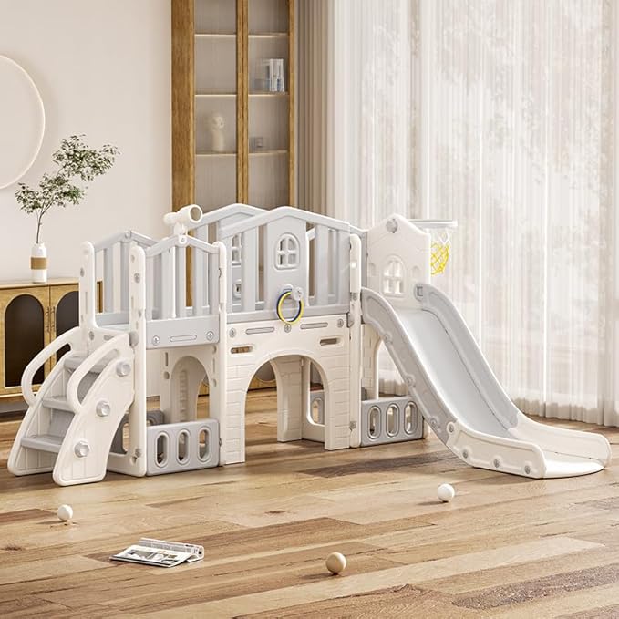 KORIMEFA Toddler Slide Set, 8 in 1 Kids Slide, Indoor Outdoor Slide for Toddlers Age 1-3, Toddler Playset with Basketball Hoop and Tunnel, Toddler Indoor Outdoor Playground