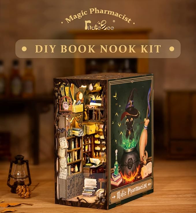 CUTEBEE Book Nook Kit - DIY Miniature House Dollhouse Kit for Adults and Teens, 3D Wooden Puzzle Booknook Build Bookshelf Decor, Gifts for Family and Friends (Magic Pharmacist)