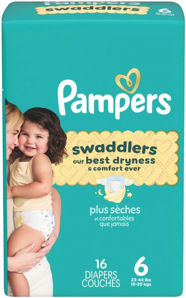 Pampers Swaddlers Diapers, Size 6 (23-44 lbs), 16 Count, Absorbent, Keeps Baby Dry and Comfortable, Skin Safe Disposable Baby Diaper (Packaging May Vary)