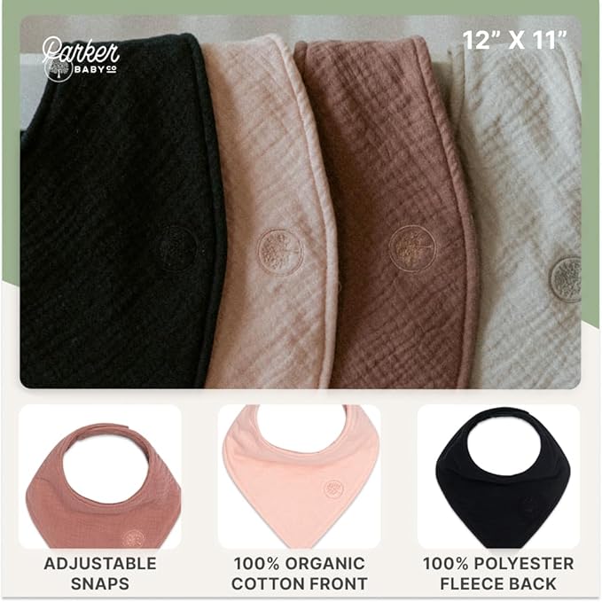 Parker Baby Muslin Bandana Drool Bibs | 100% Soft Muslin Cotton, Absorbent & Adjustable | Stylish Teething & Drooling Bibs
