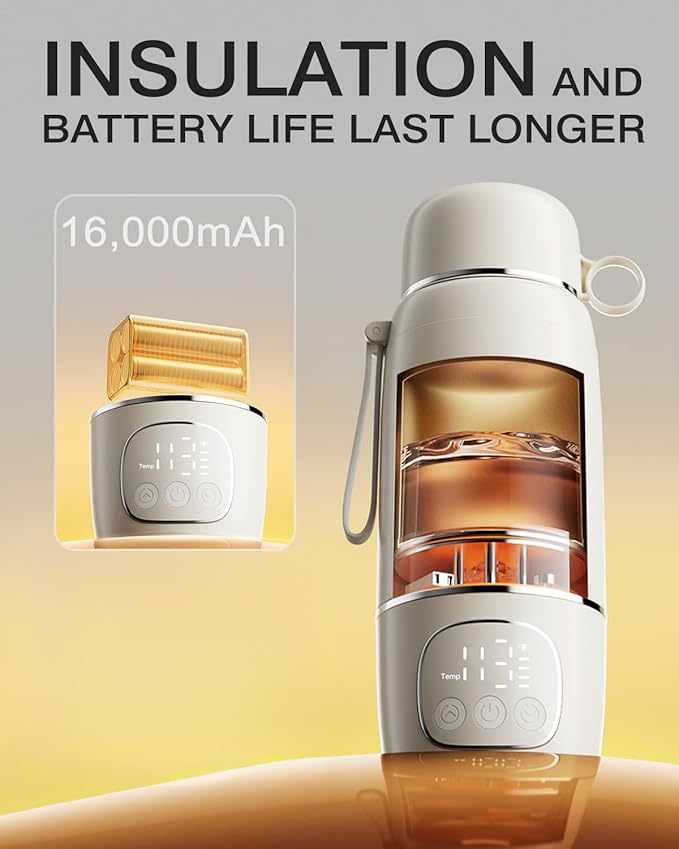Portable Milk Warmer for Travel,Dual Heating Modes for Breast Milk & Water, Portable Bottle Warmer with Fast Heating,16000mAh Long Battery Life for Baby on The Go,17 Oz for Travel