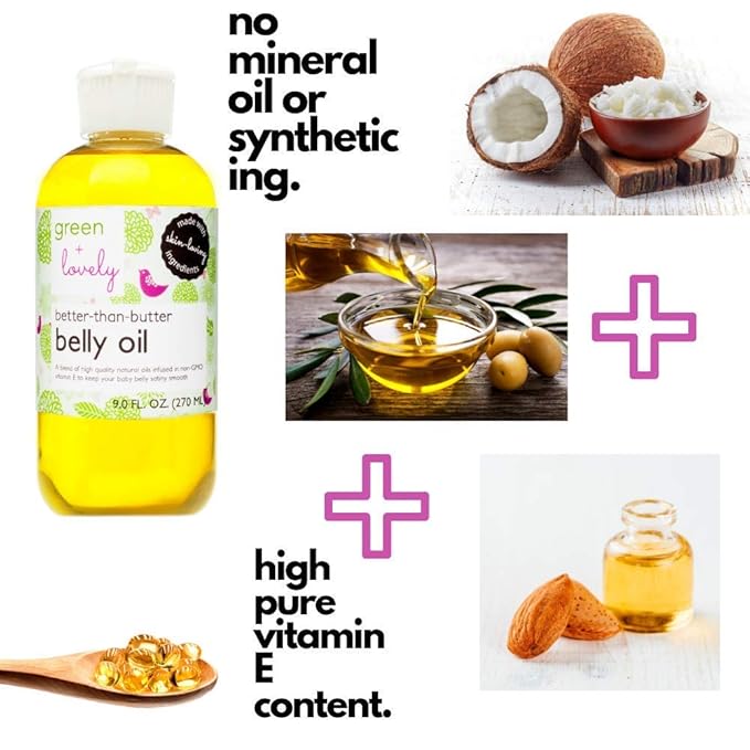 Green + Lovely Better than Butter Belly Oil Pregnancy Stretch Mark Prevention, Stretch Mark Cream, Pregnancy Must Haves, Pregnancy Essential, Enhanced Vitamin E Skin Elasticity, 9 Fl Oz Lavender