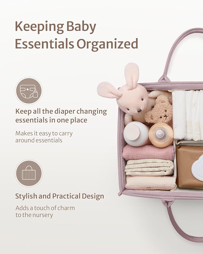 Blissful Diary Baby Diaper Caddy Organizer, Stylish Storage Basket for Newborn Essentials and Diaper Station, Gift for Baby Shower and Registry Must-Have, Mauve Pink