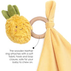 MON AMI Pina Pineapple Wood Teether Security Blanket | 11-Inch Soft Velour Baby Blanket with Wooden Teething Ring | Perfect Newborn Essential for Birthdays & Baby Showers