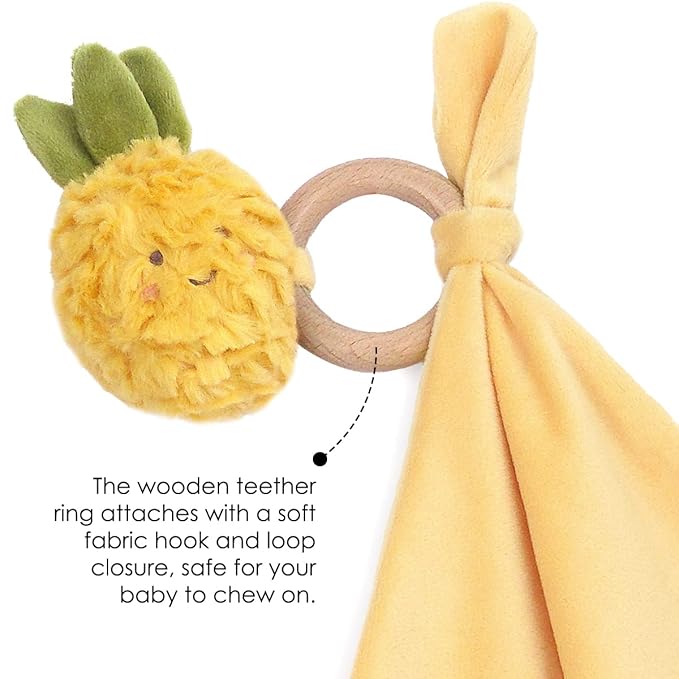MON AMI Pina Pineapple Wood Teether Security Blanket | 11-Inch Soft Velour Baby Blanket with Wooden Teething Ring | Perfect Newborn Essential for Birthdays & Baby Showers